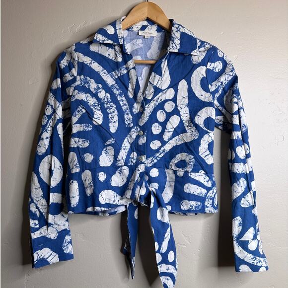 Haute Hippie Blue Abstract Cropped Tie Front Button Up Long Sleeve Linen Shirt S - Picture 1 of 6